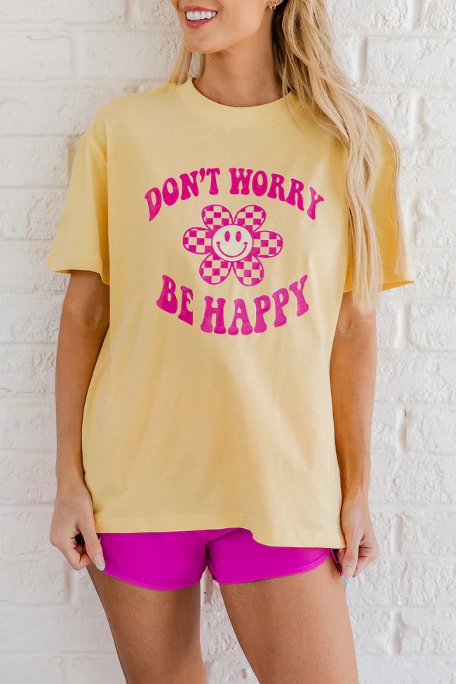 Don't Worry Be Happy Yellow Oversized Graphic Tee | Pink Lily