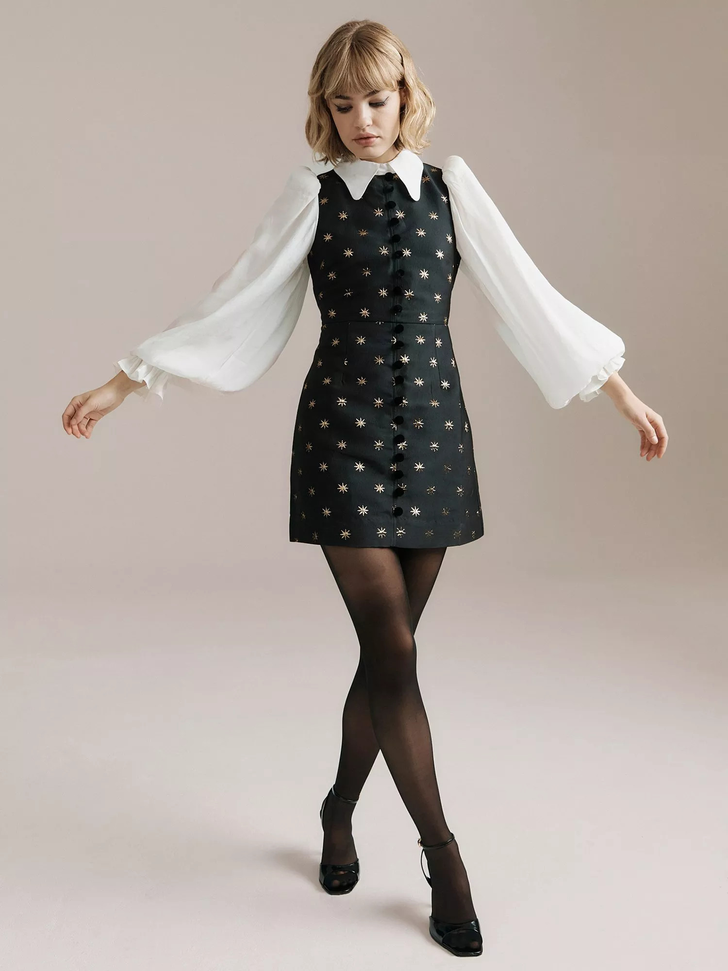 Queens of archive Mari Star Brocade Mini Dress, Black/Gold/White | John Lewis (UK)