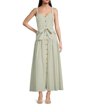 Stripe Sweetheart Neck Tank Strap Button Front Tie Drop Waist Flounce Maxi Dress | Dillard's