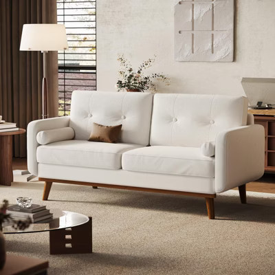 65" Sofa Couch, Mid Century Modern Loveseat Couch with Wood Legs & Trim for Living Room, Bedroom, Office, Linen, Beige | Target