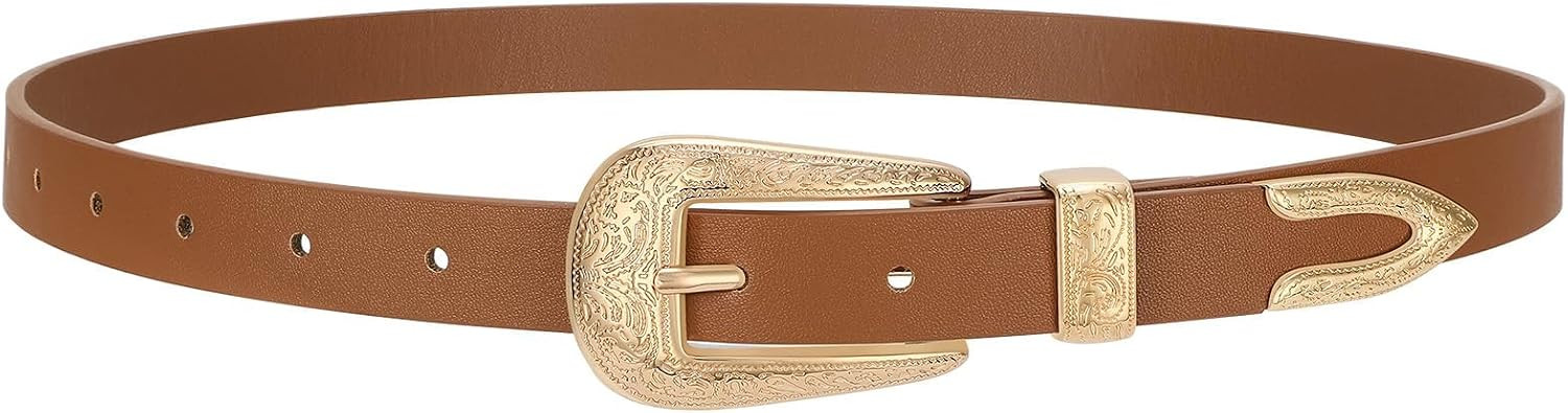SUOSDEY Western Skinny Leather Belt for Women Cowgirl Cowboy Carving Buckle Waist Belt for Jeans Dresses,0.8" Width | Amazon (US)