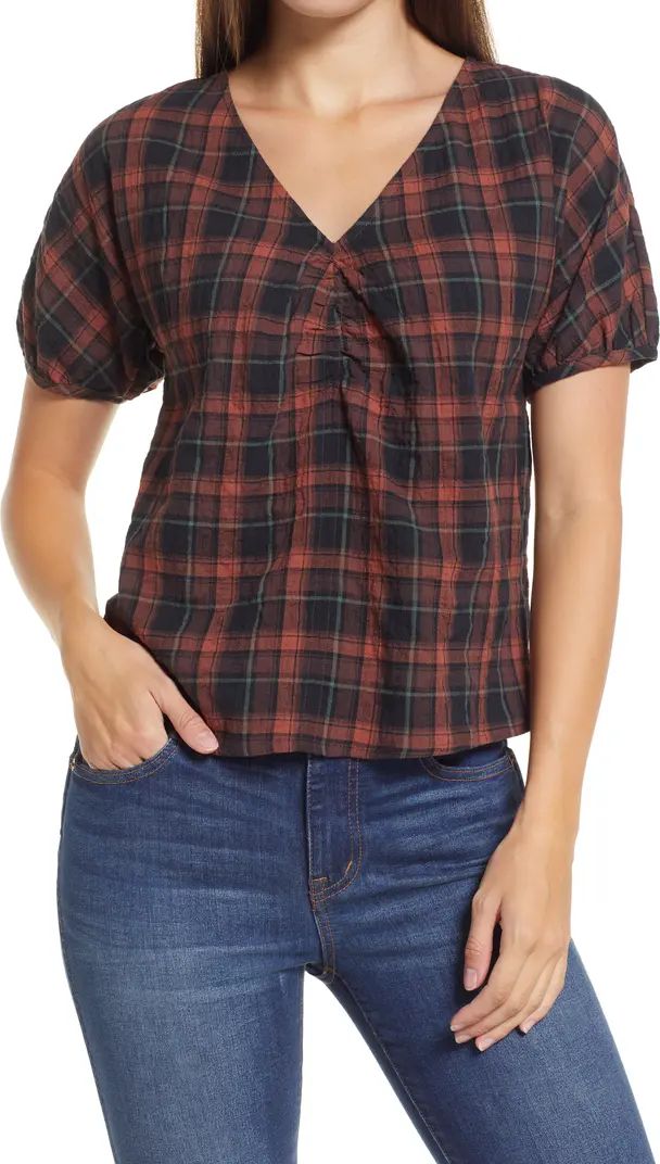 Plaid Gathered V-Neck Top | Nordstrom