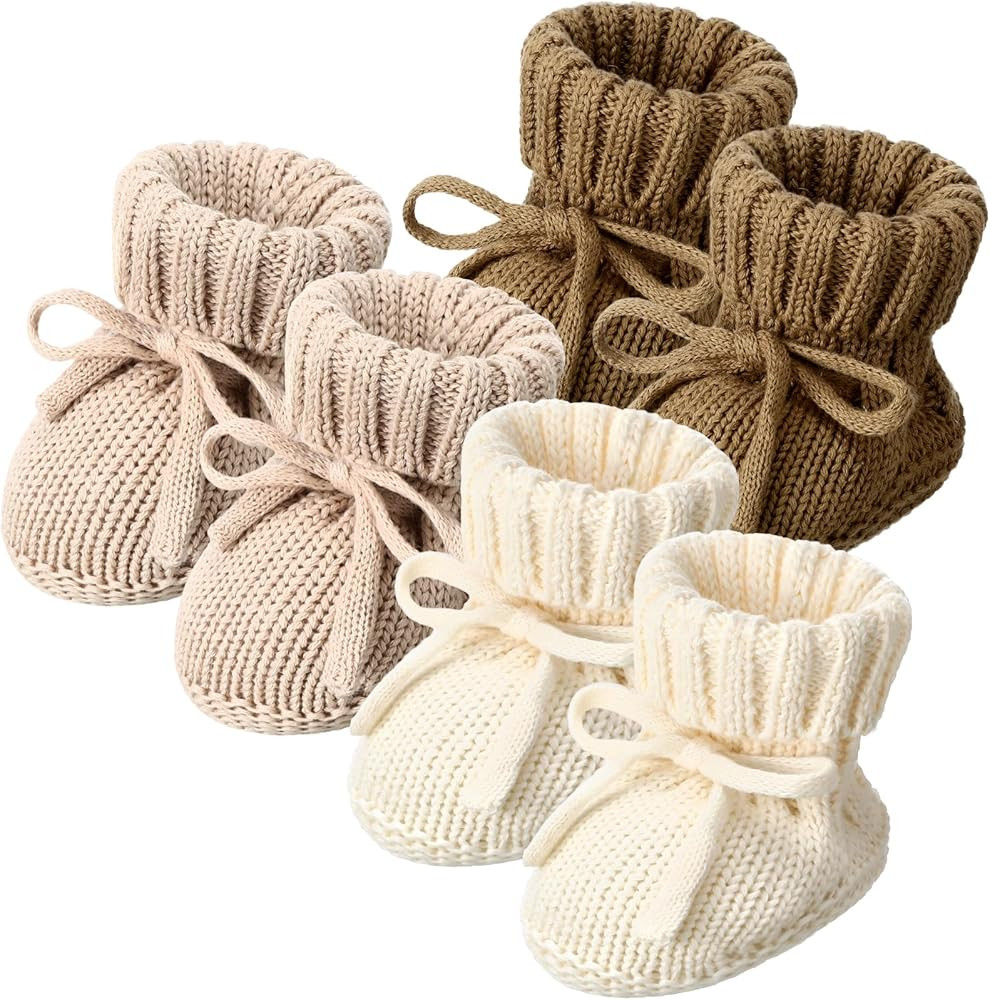 3 Pairs Knitted Baby Booties 0-6 Months Newborn Baby Shoes First Walkers Cozy Shoes for Infant Gi... | Amazon (US)