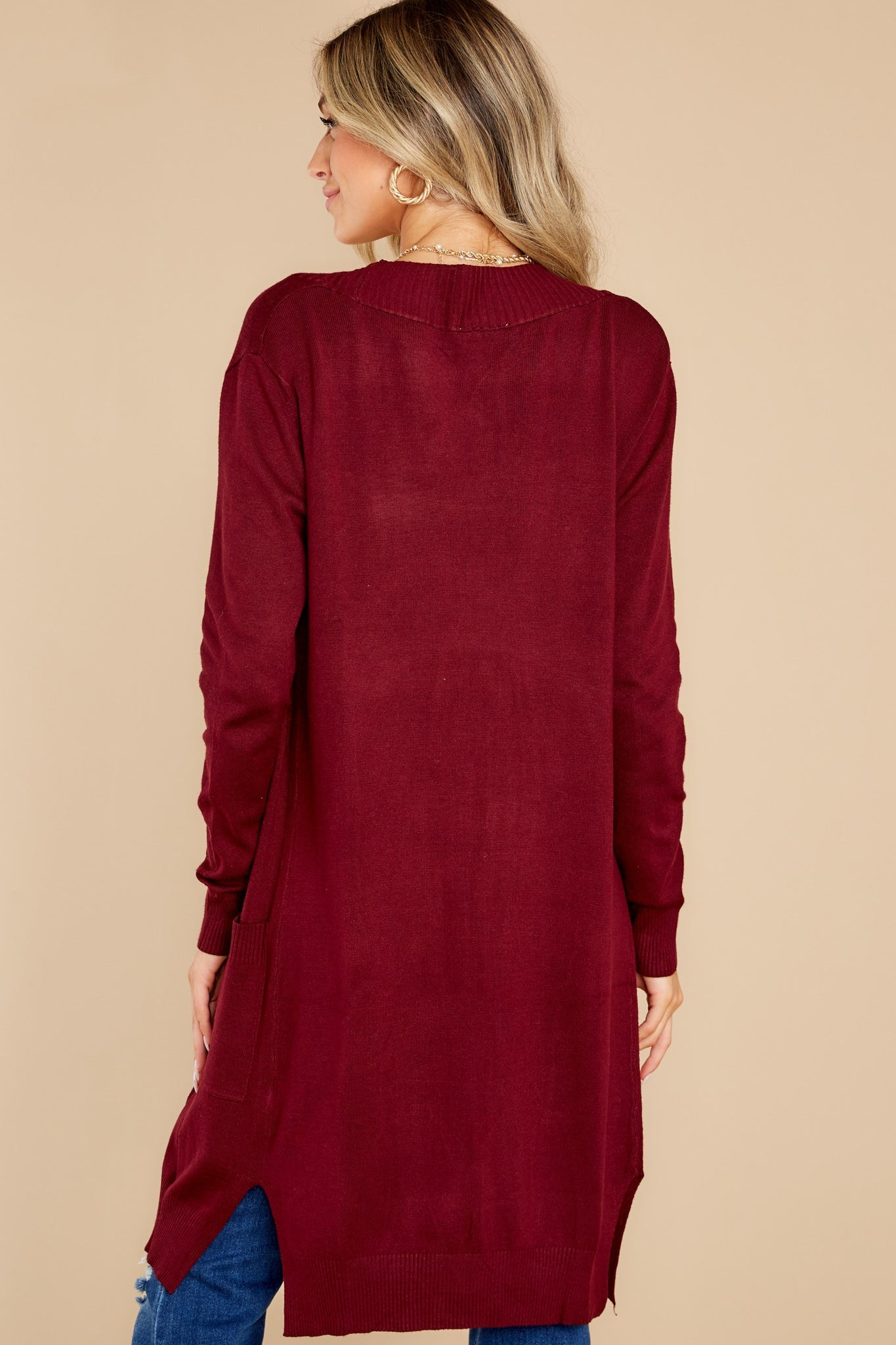 Anticipating This Moment Burgundy Cardigan | Red Dress 