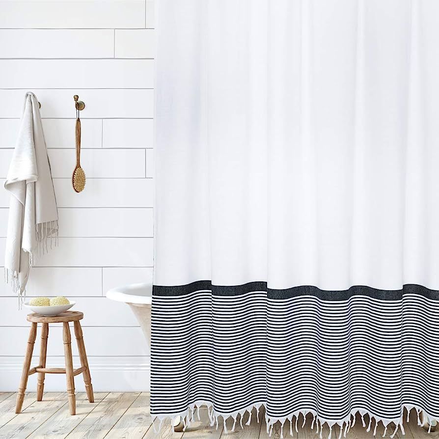 HALL & PERRY Modern Farmhouse Tassel Shower Curtain 100% Cotton Striped Fabric Shower Curtain wit... | Amazon (US)