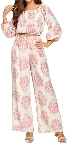 Women 2 Piece Floral Outfits Long Sleeve Off the Shoulder Crop Tops Matching Wide Leg Palazzo Pan... | Amazon (US)