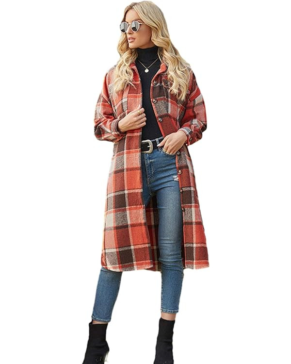 PUWEI Women's Casual Lapel Button Down Long Plaid Shirt Coat Tartan Shacket Jacket | Amazon (US)
