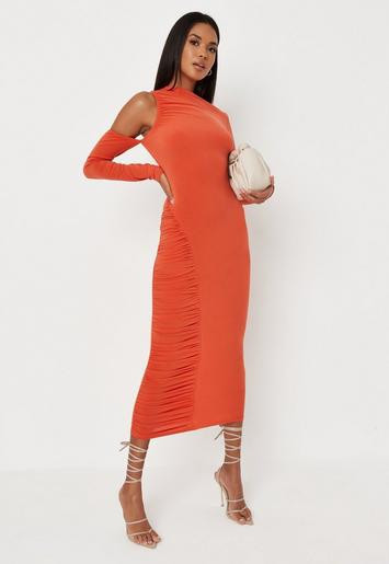 Orange Cold Shoulder Cut Out Ruched Midaxi Dress | Missguided (US & CA)