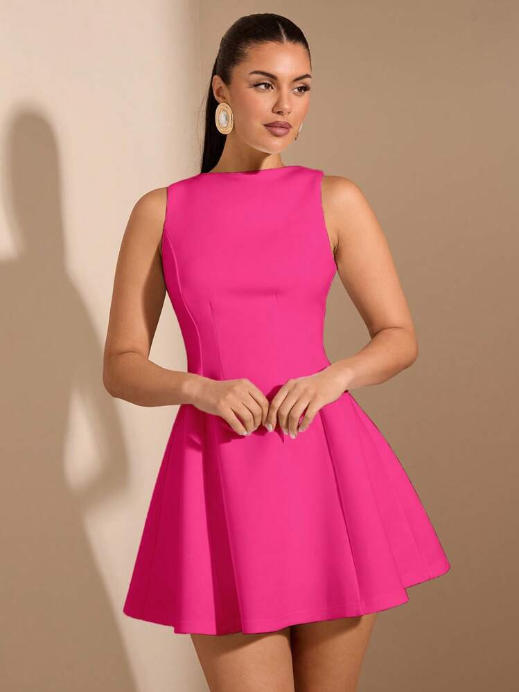 SHEIN BAE Women Solid Color A-Line Elegant Sleeveless Waist Cinched Dress, Suitable For Dates In ... | SHEIN