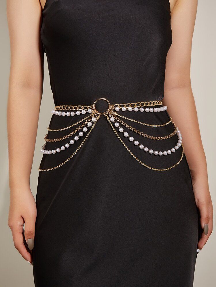 Rhinestone & Faux Pearl Decor Layered Chain Belt | SHEIN