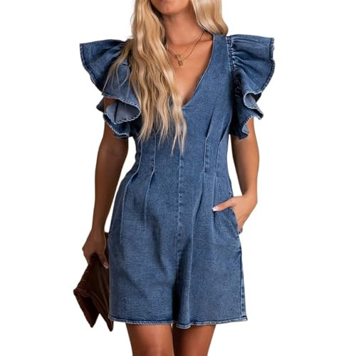 Anzber Women's Cute Denim Rompers Summer Ruffle Sleeve Button Down Belted Short Jumpsuits with Pockets,BLUE,XL | Amazon (US)