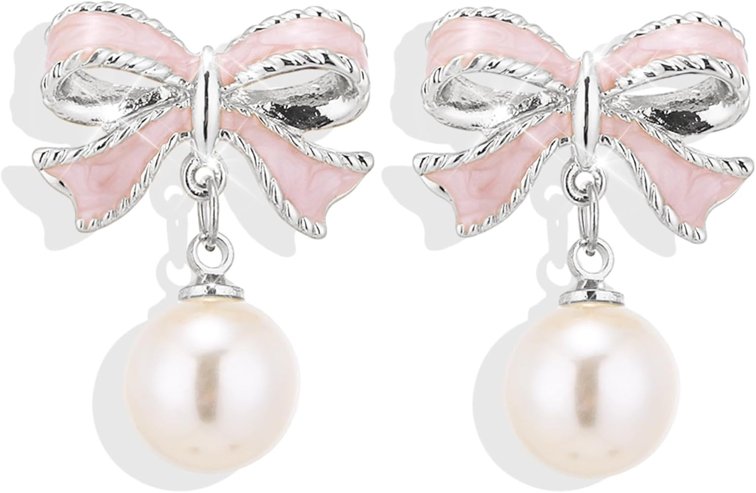 Twinkle Pearl Bow Dangle & 925 Silver Stud Earrings for Women & Girls | Pink and Gold Bow Ribbons... | Amazon (US)