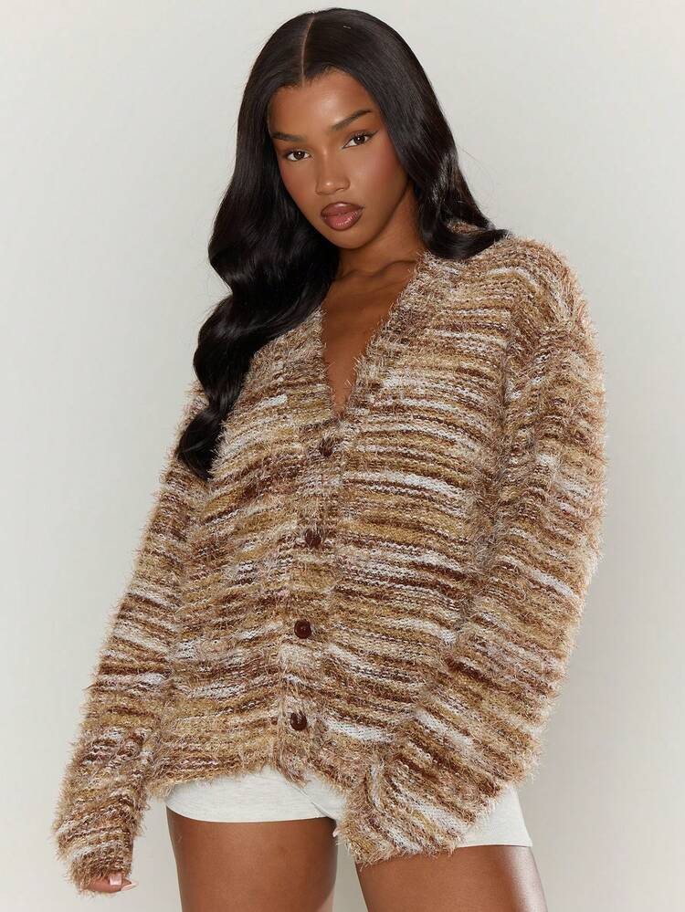 MUSERA Oversized Textured Cardigan Spring Casual   Stripe Knit Airports Holiday Oversized V Neck ... | SHEIN