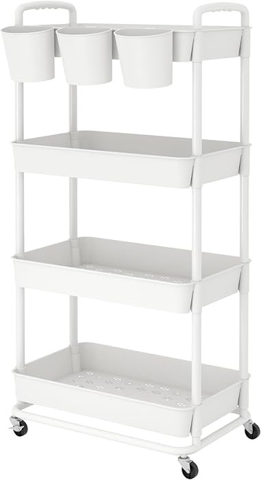 JIUYOTREE 4-Tier Plastic Rolling Storage Cart Utility Cart with Extra Hanging Cups Handles Lockab... | Amazon (US)