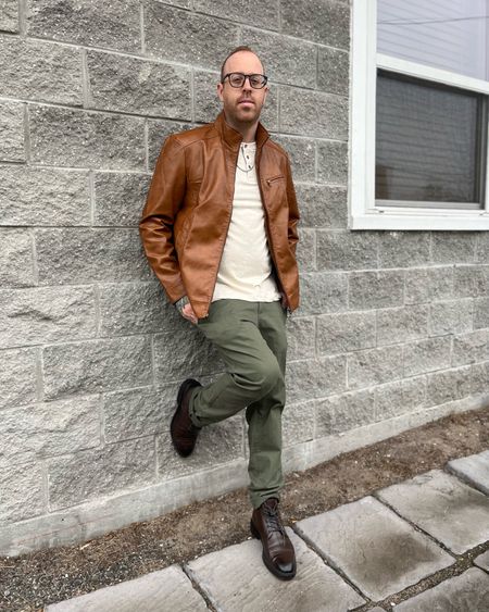 Men’s winter fashion/ leather jacket, chino pants, men’s casual boots, men’s Henley 

#LTKmens
