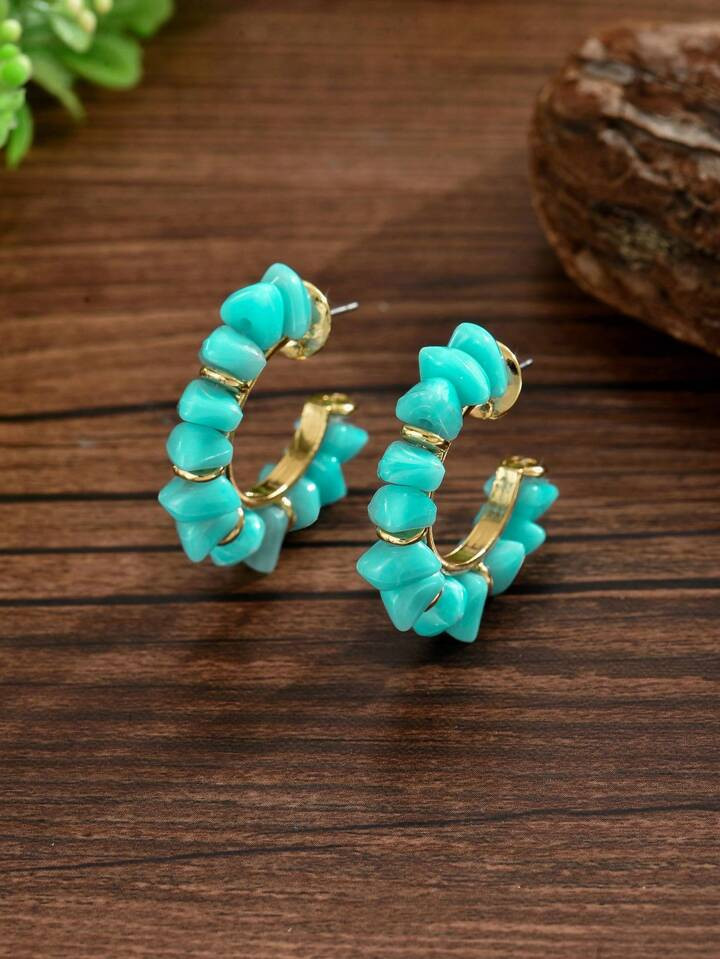 2pcs Fashion, Fresh, Crystal & Elegant C-Shaped Faux Green Aventurine Natural Stone DIY Braided Earrings, Suitable For Women's Daily Wear & Girls' Holiday Gifts, Now With Glass Bead Style | SHEIN