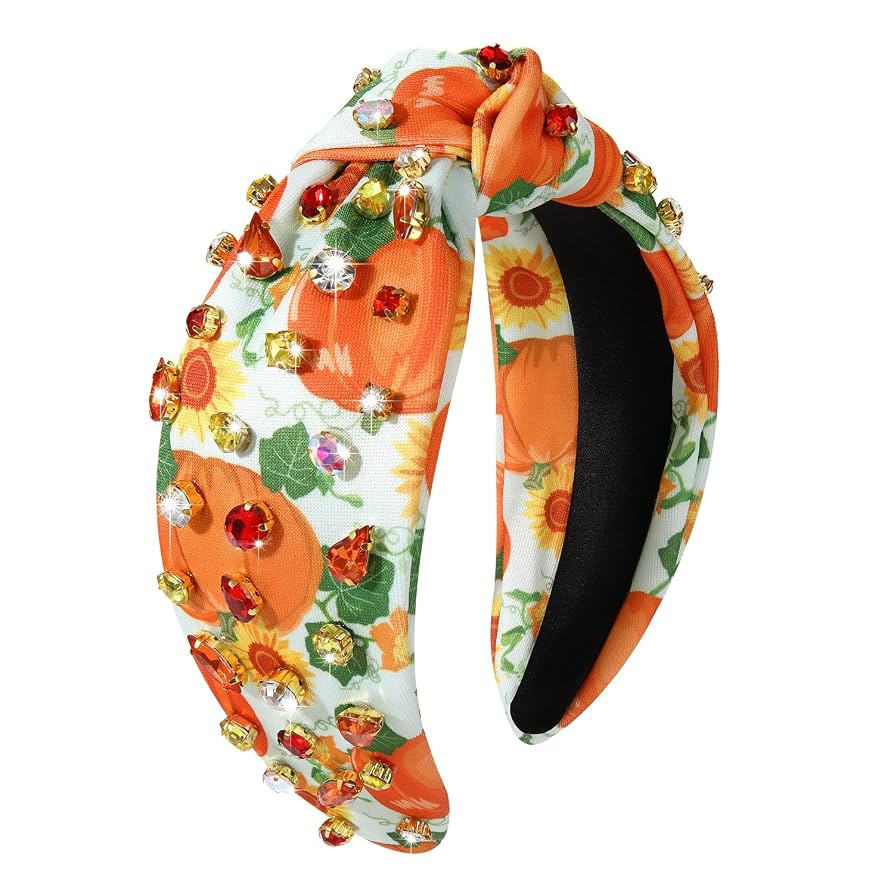 Thanksgiving Pearl Rhinestone Jeweled Knotted Headband - Fall Pumpkin Leaf Print Wide Knot Hairba... | Amazon (US)