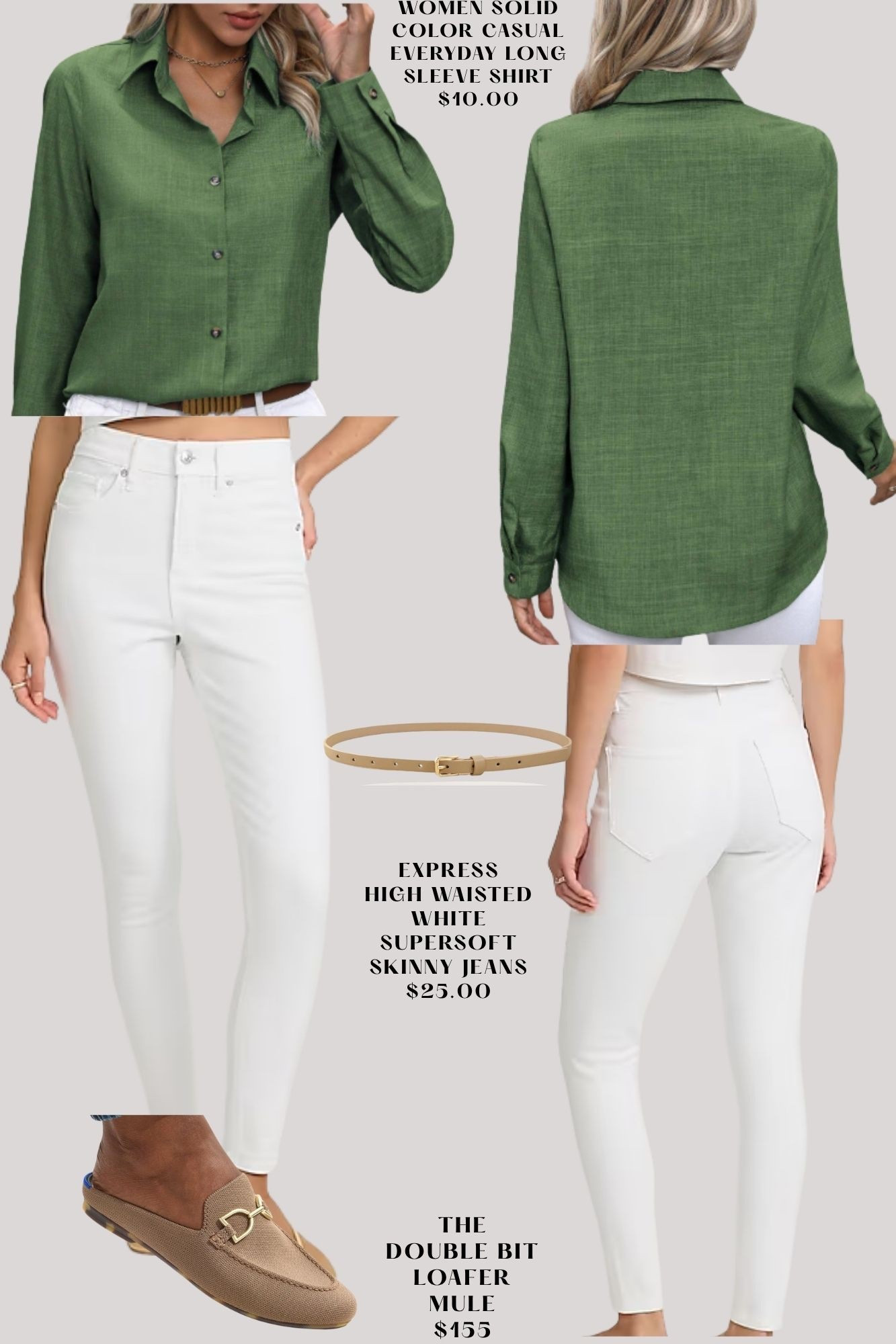 This green casual shirt sets off these white high waisted jeans, with tan belt and loafers to match 💫 #casual workwear 

#LTKWorkwear #LTKBeauty #LTKStyleTip