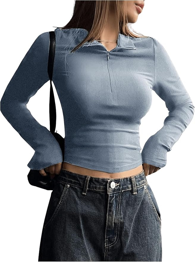 Women's Half Zip Long Sleeve Crop Tops High Neck Collar Pullovers Trendy Slim Fit Asymmetric Hem ... | Amazon (US)