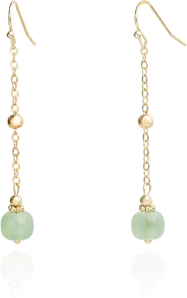 14K Gold Plated Handmade Green Crystal Jade Bead Dangling Drop Earrings for Women | Amazon (US)