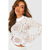 Womens Premium High Neck Flared Sleeve Lace Crop - White - 16, White | Boohoo.com (UK & IE)