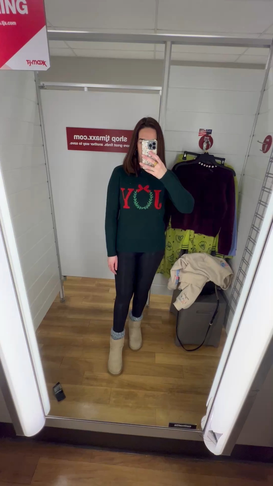 Green joy sweater (small). Black faux leather leggings (small). Mini uggs (9). Fuzzy socks (one size). #sweater #greensweater #joysweater #fauxleatherleggings #leggings #blackleggings #uggs #miniuggs #fuzzysocks #socks #holidayparty #christmasoutfit 
Holiday Party 

#LTKFindsUnder100 #LTKHoliday #LTKSeasonal