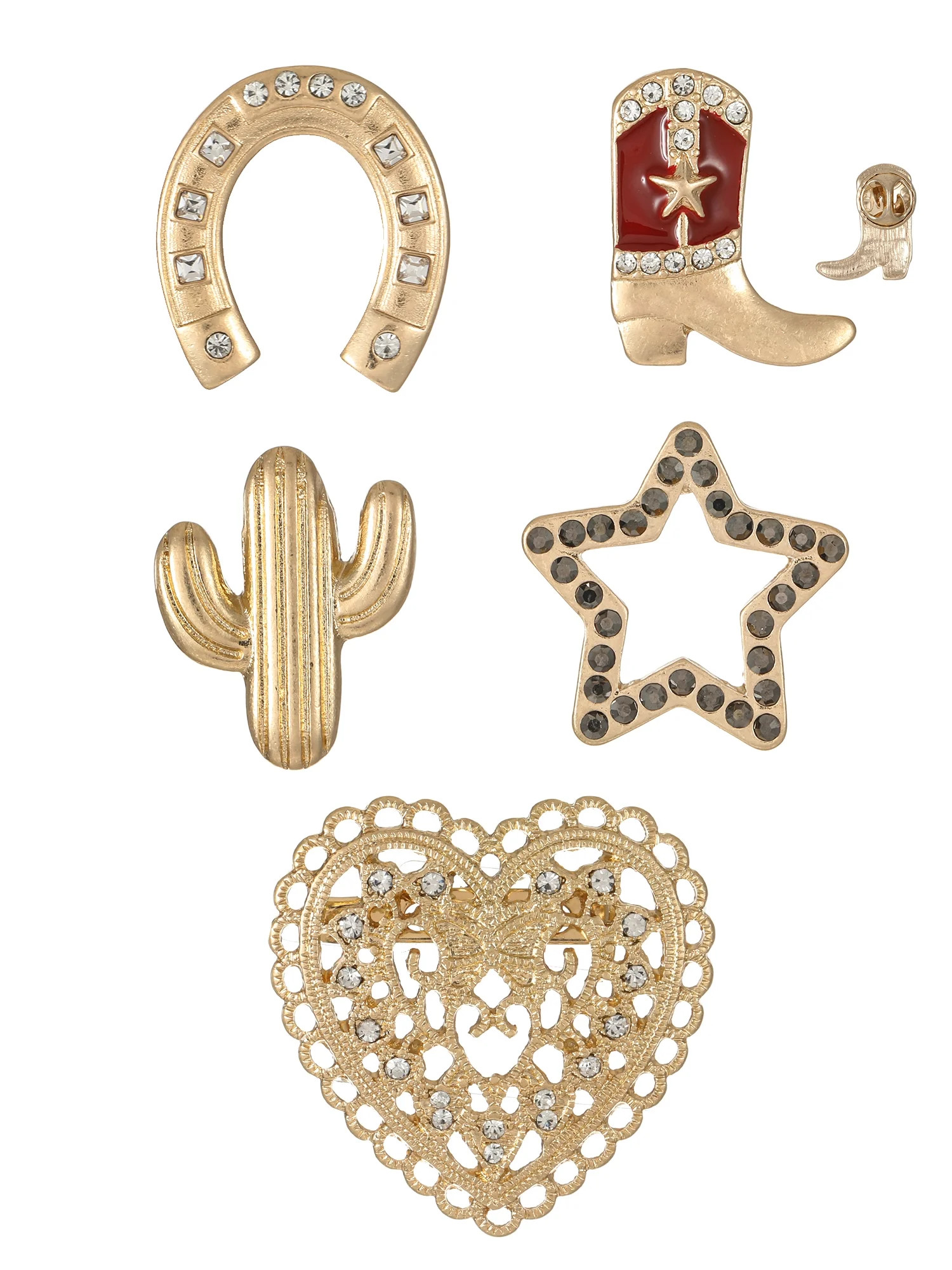 No Boundaries Gold-Tone Western-Themed Brooch and Pins Set, 5-Piece, Women’s | Walmart (US)