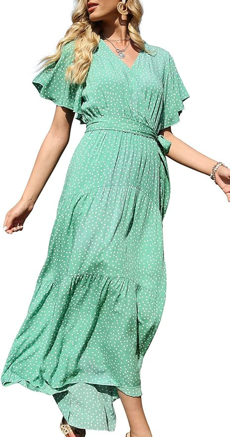 Davenil Women Maxi Dress Summer Wrap V Neck Casual Ruffle Sleeve Beach Midi Dress with Belt | Amazon (US)