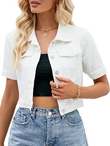 Ladyful Womens Cropped Denim Jacket Short Sleeve Button Down Casual Distressed Jean Jacket Outerwear | Amazon (US)