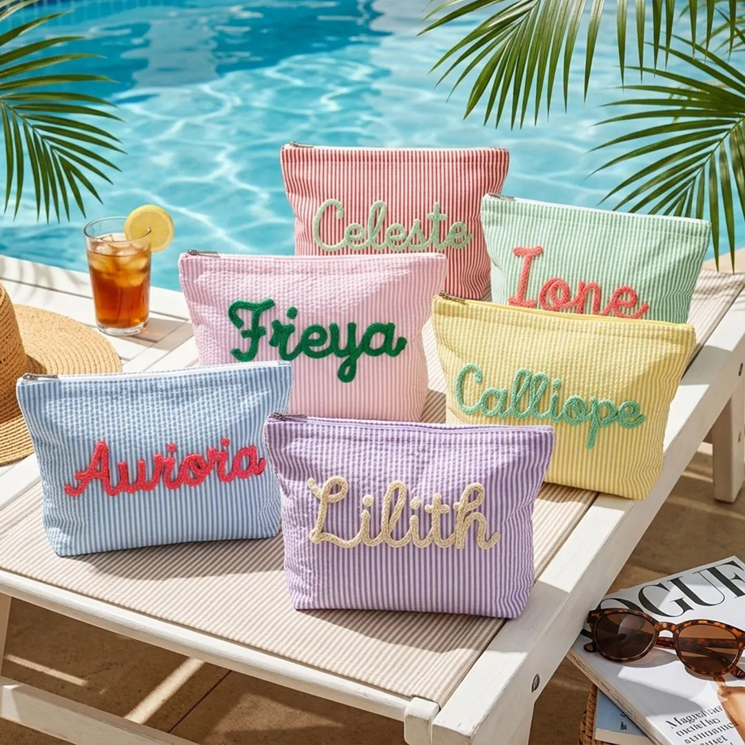 Custom Seersucker Makeup Bag Vacation Travel Pouch Personalized Chenille Name Toiletry Bag Summer... | Etsy (Global)