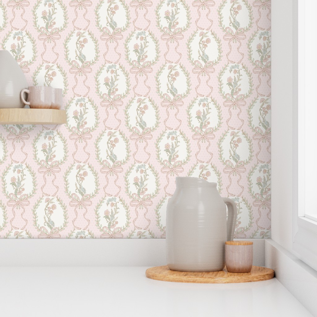 Wallpaper in Rosie Posie large pink cream green blue playful victorian retro floral with | Spoonflower