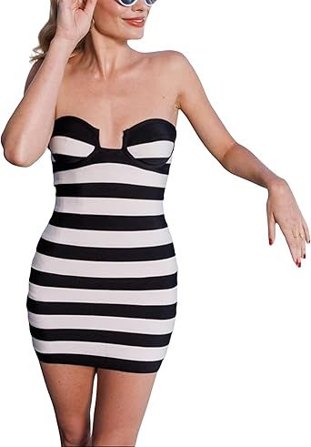 Mundoven Strapless Dress Black and White Stripe Mini Dress Striped Dress for Women Tube Top Dress... | Amazon (US)