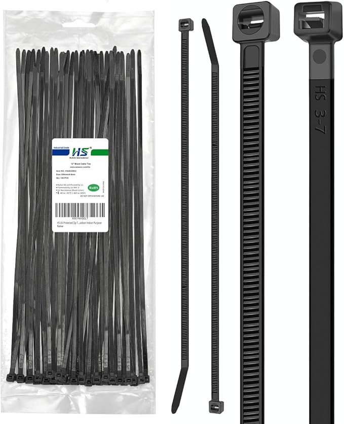 HS UV Protected Zip Ties 12 Inch (100 Pack) Self Locking Strong Plastic Wire Ties 12 Inch Black N... | Amazon (US)
