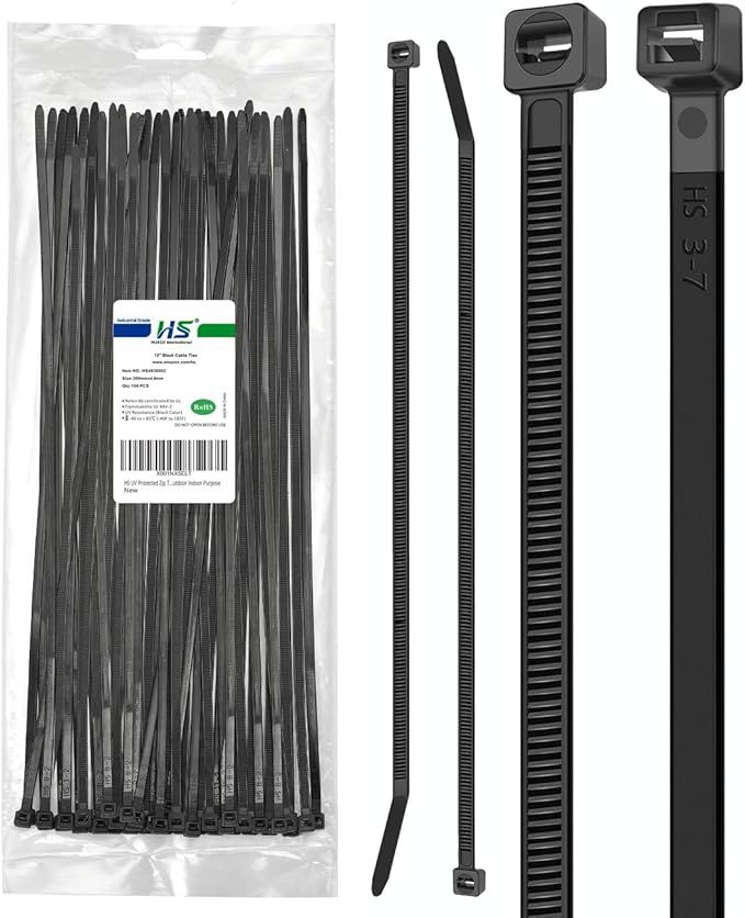 HS UV Protected Zip Ties 12 Inch (100 Pack) Self Locking Plastic Wire Ties 12 Inch Black Nylon Ca... | Amazon (US)