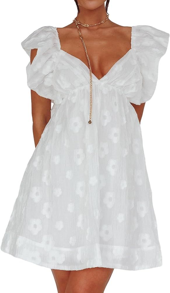 Women College Graduation Dress Cute Summer Y2K Mini Dress Fairycore Backless Low Cut Short Flowy ... | Amazon (US)
