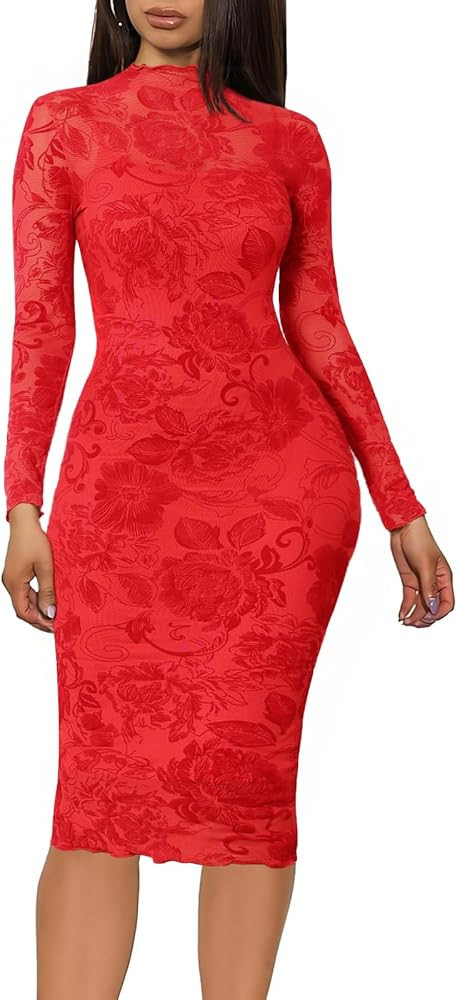 Mojessy Sexy Dresses for Women Long Sleeve See Through Bodycon Midi Dresses 2 Piece Dress Set Bir... | Amazon (US)