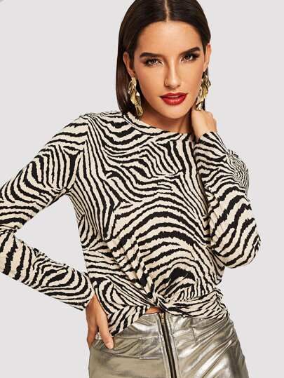 Animal Print Twist Hem Tee | SHEIN