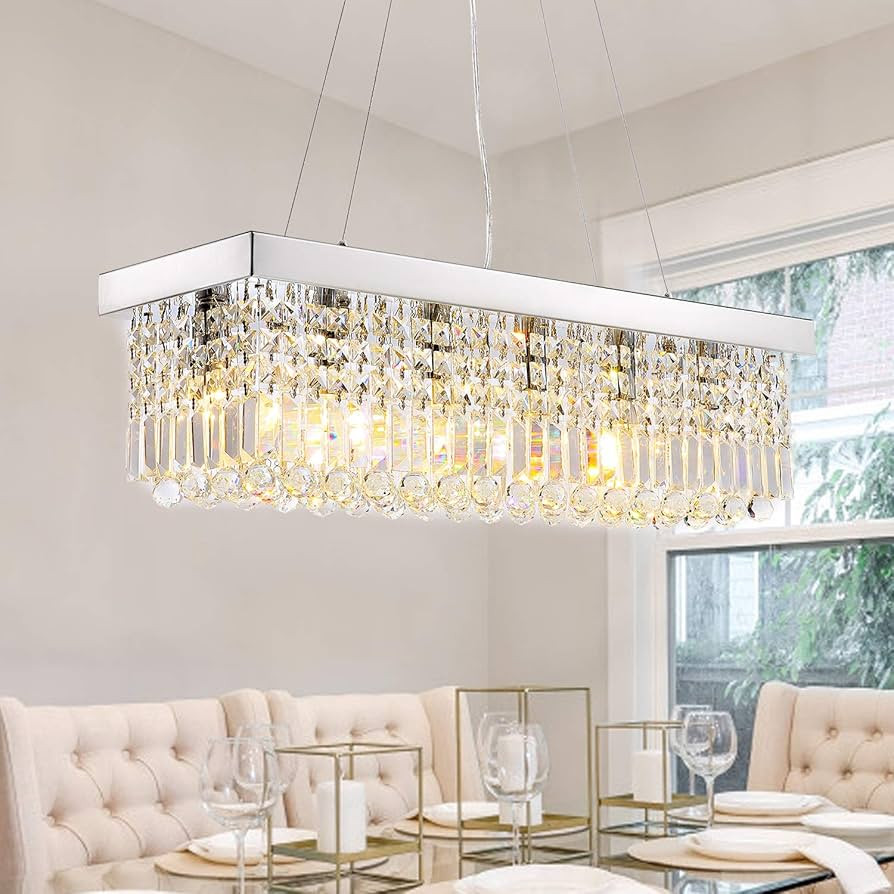 Siljoy Rectangle Crystal Raindrop Chandelier, 6 Lights Modern Rectangular Pendant Ceiling Light F... | Amazon (US)