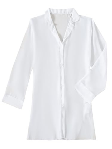 SHENHE Women's Sheer Button Up Long Sleeve Beach Kimono Cover Up Shirt Sun Dresses White L | Amazon (US)