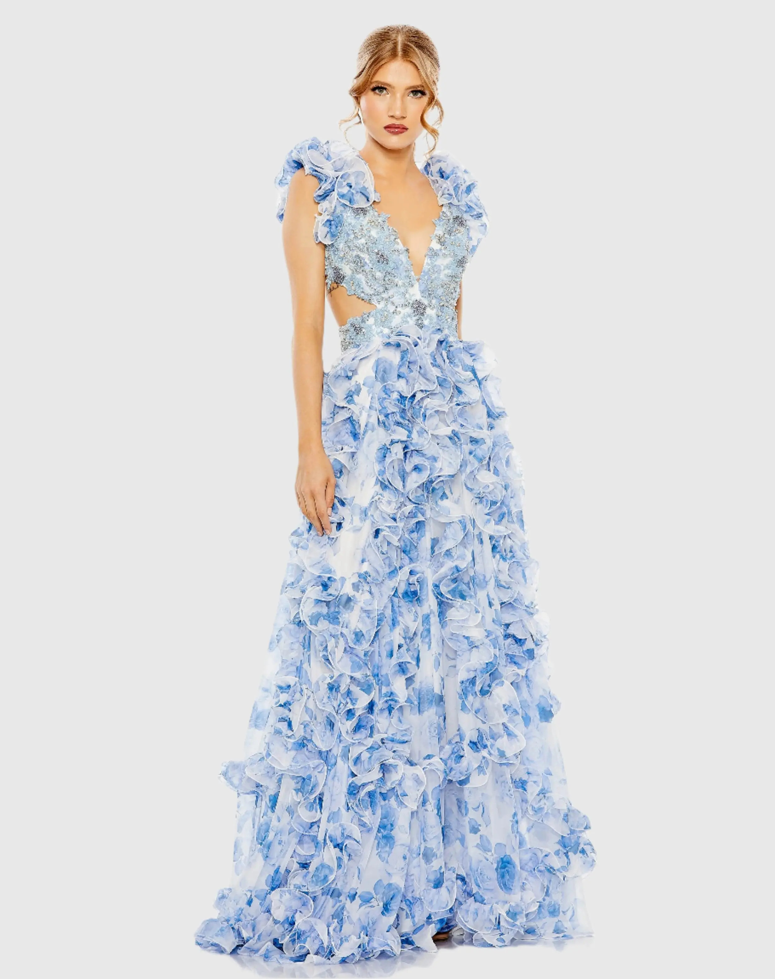 Mac Duggal Chiffon A-Line Floral Blue Prom Dress | Mac Duggal