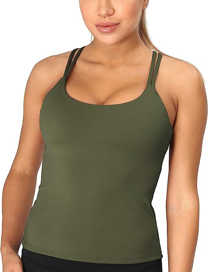 icyzone Padded Workout Tank Tops for Women - Strappy Yoga Crop Tops with Built in Bra 2 in 1 | Amazon (US)