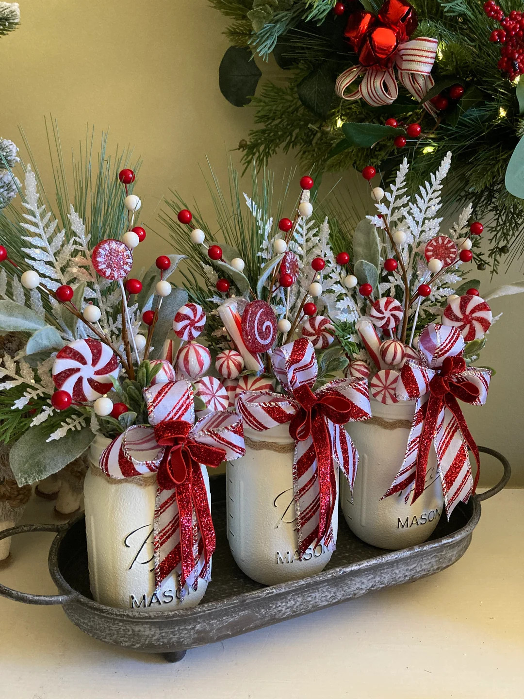Christmas Mason Jar Centerpiece With Bows Holiday Centerpiece - Etsy | Etsy (US)