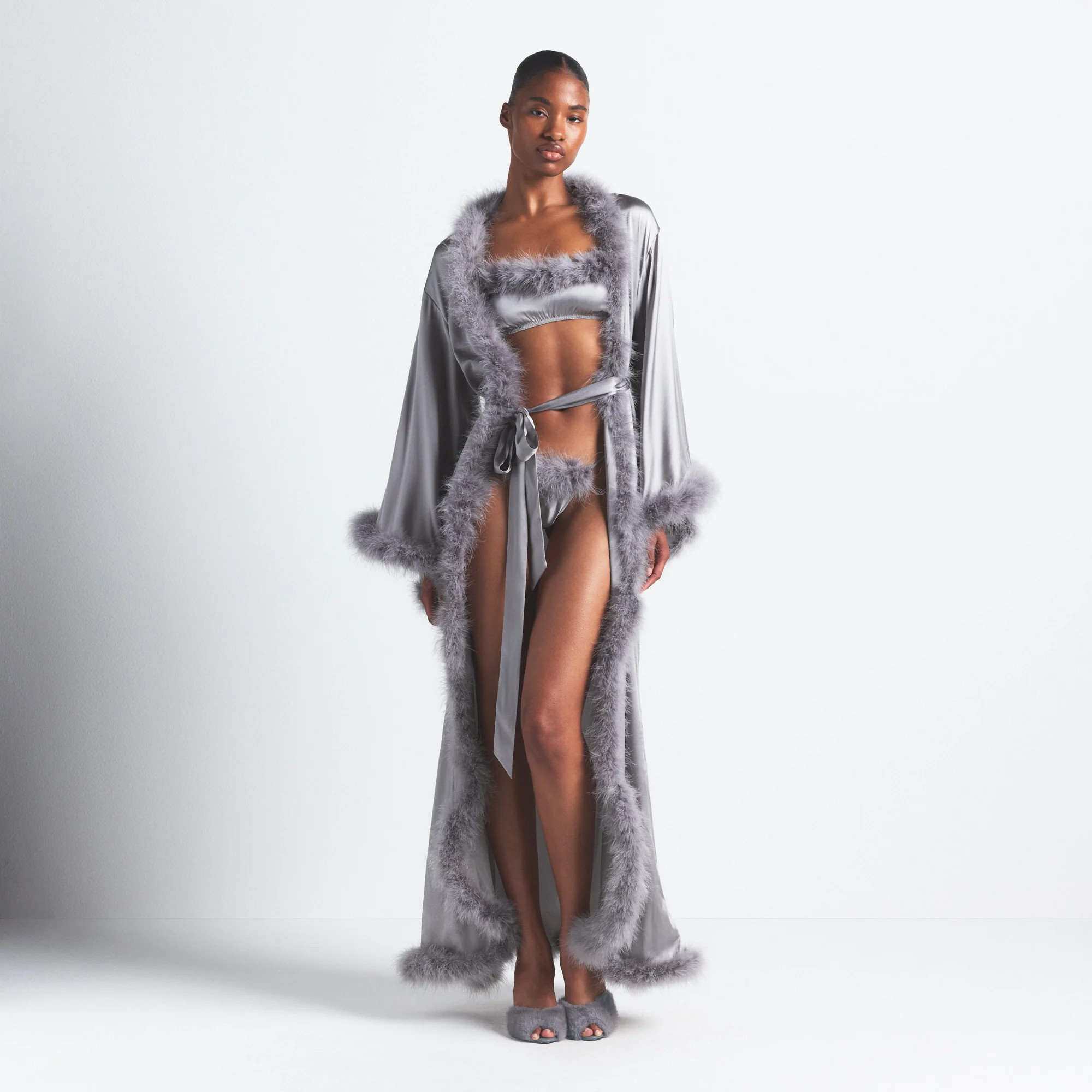 SKIMS Feather Trim Long Robe | Grey | Medium | Silk | SKIMS (US)