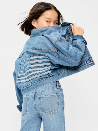 Oversized Cropped Denim Trucker Jacket for Girls | Old Navy (US)
