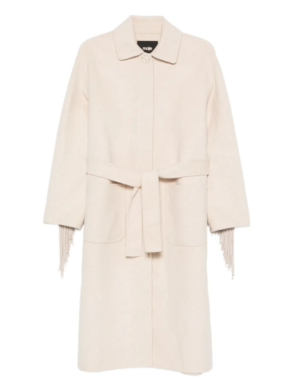 Maje fringe-trimmed belted single-breasted coat - Neutrals | Farfetch Global