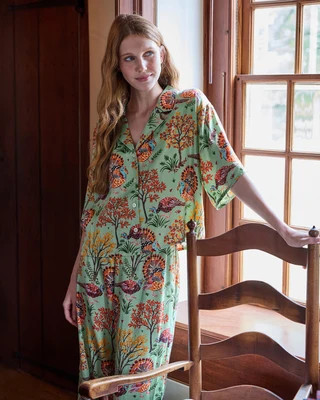 Eco Silky Short Sleeve and Pants Pajama Set in Turkey Trot | Women's XXL | Blue | | Sleepwear | Printfresh