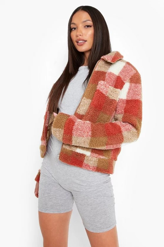 Tall Check Teddy Trucker Jacket | Boohoo.com (US & CA)