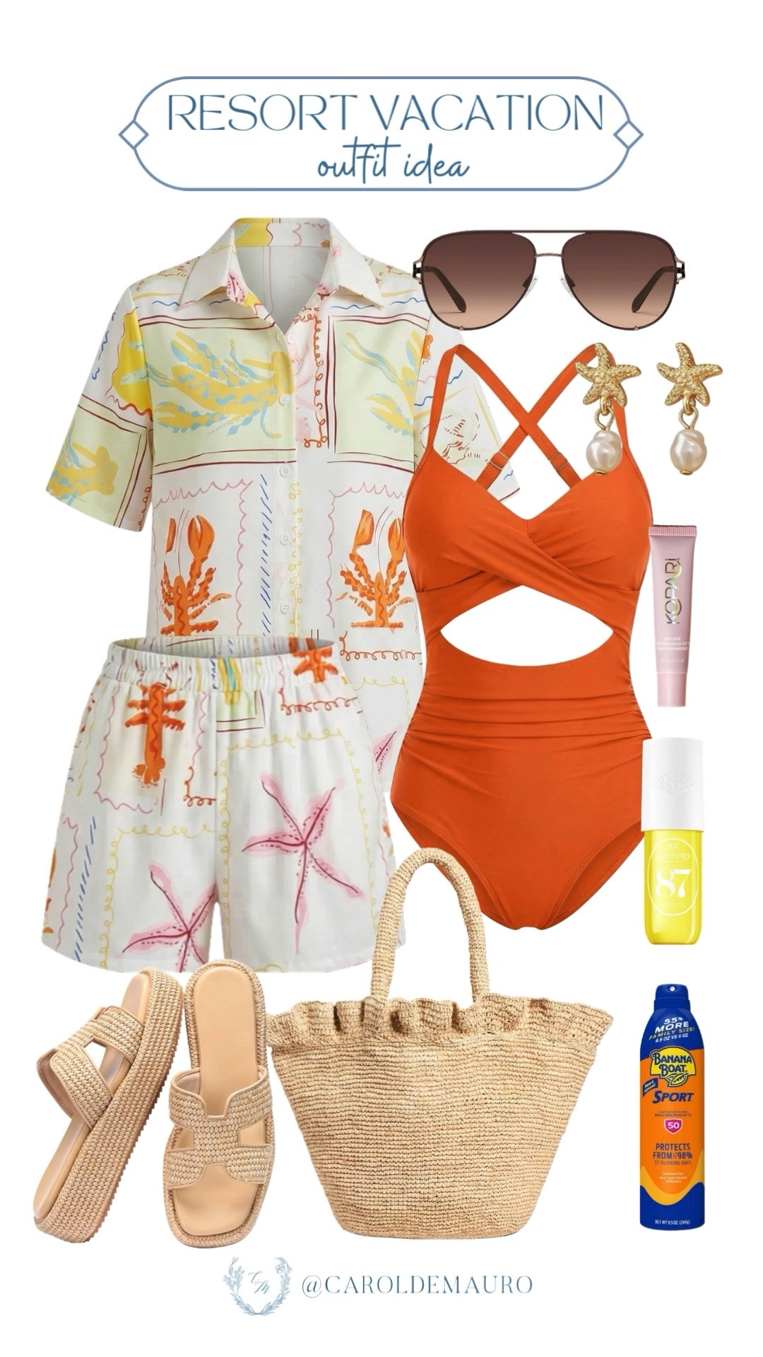 Channel that sunkissed vibe for your next vacation outfit! Layer this orange crisscross one-piece swimsuit with a tropical matching short set, and accessorize with starfish pearl earrings, sunglasses and raffia slides and tote.

amazon fashion, affordable style, resort wear, vacation mode, beach chic, summer wardrobe, beauty must haves, sun protection

#LTKSeasonal #LTKootd #LTKU
