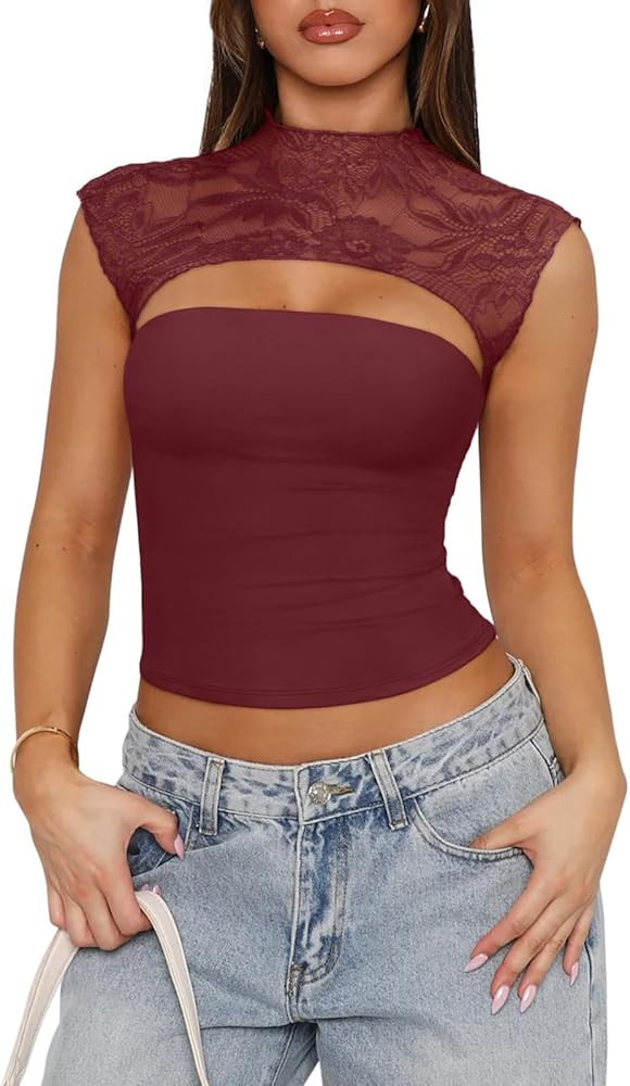 REORIA Women's Sexy Cutout Lace Flower High Neck Sleeveless Slim Y2K Going Out Crop Tank Tops | Amazon (US)