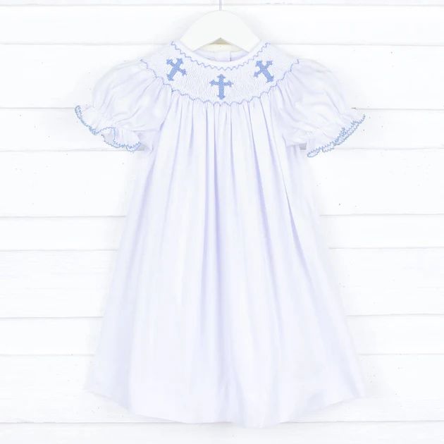 Blue Cross Smocked White Pique Dress | Classic Whimsy
